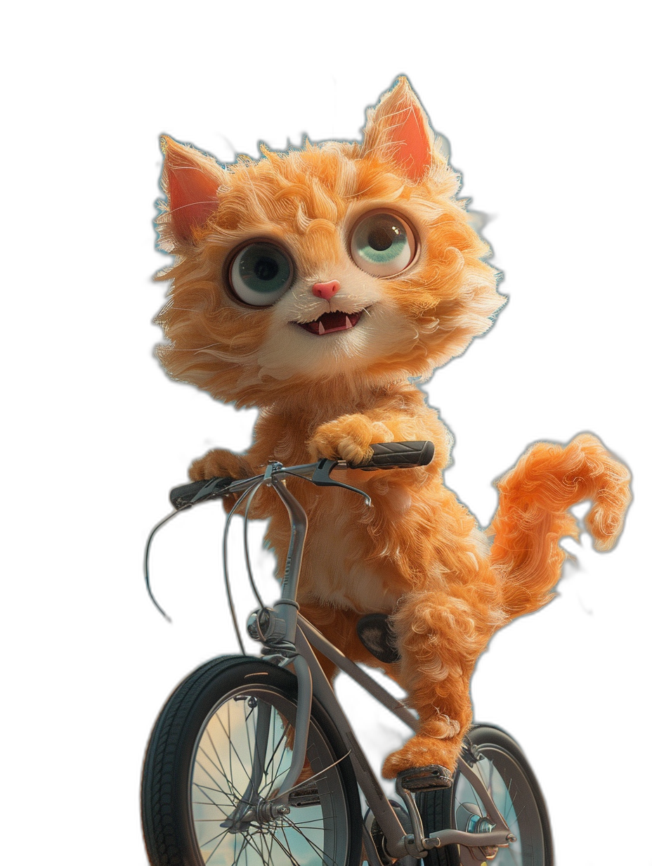 3D fluffy orange cat character riding bicycle, big eyes, in the style of Pixar, black background, octane render.