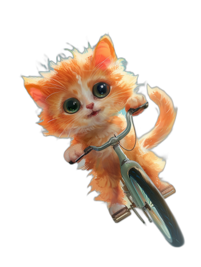 Cute orange cat riding on the bike, black background, digital art by Pixar, cute and dreamy, high quality photo, cartoon character design sheet, cute big eyes with long eyelashes, full body shot, adorable pink kitten is holding bicycle handle bar with both paws, fluffy tail