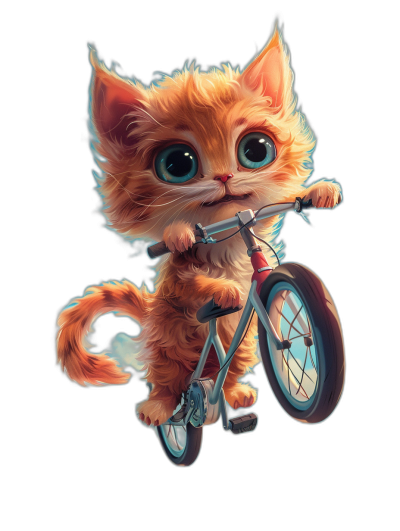 Cute cartoon kitten riding on a bicycle, with big eyes, on a black background, in the style of Pixar, high resolution digital art