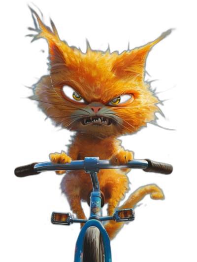 front view, angry orange cat riding blue bike in the style of [Tiago Hoisel](https://goo.gl/search?artist%20Tiago%20Hoisel), caricature-like, playful visual tone against black background