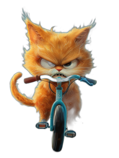 evil grumpy ginger cat on bicycle, in the style of Pixar style cartoon, black background, high resolution, hyper realistic, super detailed