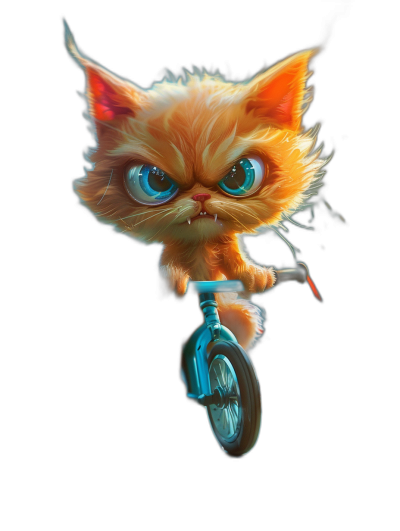 character design, cute and adorable orange kitten with blue eyes riding unicycle on black background, in the style of Pixar