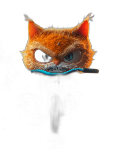 An angry orange cat with glowing blue eyes riding on the front of an electric scooter against a pure black background, in the style of Pixar.