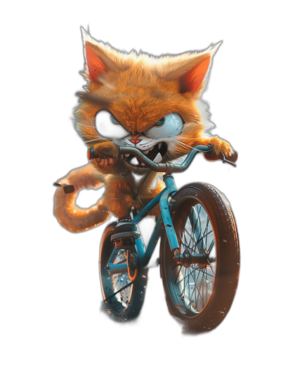 evil orange cat with blue eyes riding on bmx, in the style of cartoon, black background, t-shirt design graphic, ultra detailed, isolated on white background, high resolution