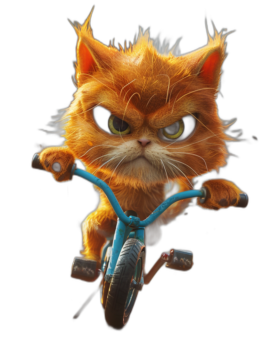 angry orange cat riding a blue bike against a black background, in the style of Disney Pixar with a character design, 3D rendered, cute, adorable, with fluffy fur, highly detailed