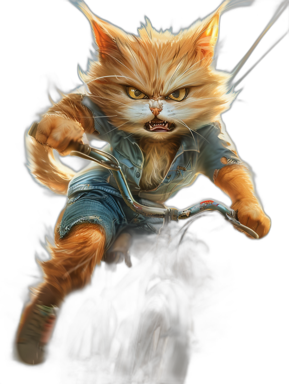 A cute ginger cat with orange eyes, wearing blue jeans and an old t-shirt riding on the back of his bike at high speed, with an angry expression, in the style of a cartoon, against a dark background, in a fantasy art style, as a digital painting, showing his full body, with high resolution, high detail, in sharp focus, like a studio photo, with intricate details, and cinematic light.