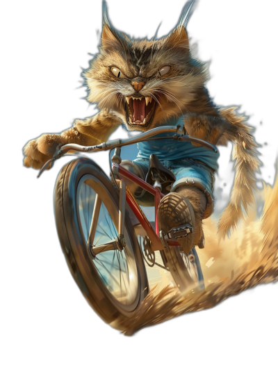 realistic fantasy art illustration of an angry cat riding on a bicycle, inspired in the style of D&D characters, full body view, isolated against a black background