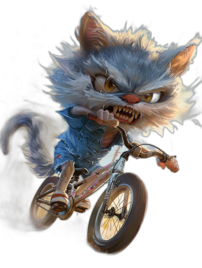 A cute, furry and adorable white kitten with gray fur riding on the back of an extreme bmx bike in air doing jumps, with angry face expression and fangs teeths, wearing blue jeans , digital art style, drawing design, ultra detailed, black background, full body portrait