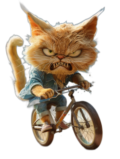 angry, cute cat in blue shirt and jeans riding bmx bike with angry face , black background, hyper realistic game art