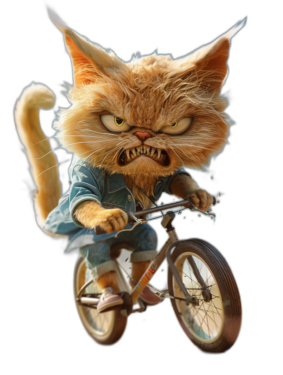 angry, cute cat in blue shirt and jeans riding bmx bike with angry face , black background, hyper realistic game art