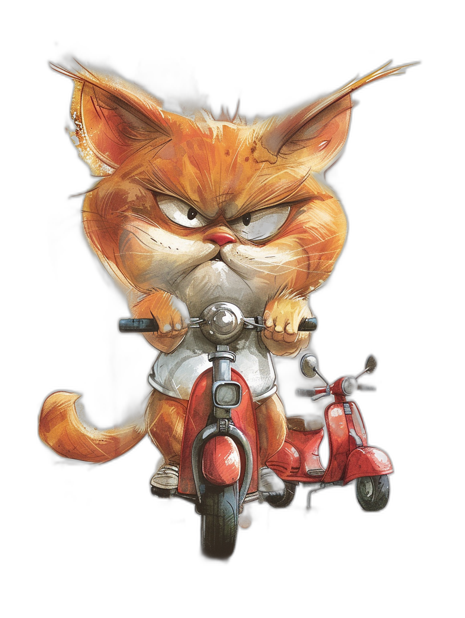 A cute grumpy orange cat with an angry expression riding on the back of a red scooter, wearing a white t-shirt, in the style of [Lilia Alvarado](https://goo.gl/search?artist%20Lilia%20Alvarado), on a black background in the style of [Jasmine Becket-Griffith](https://goo.gl/search?artist%20Jasmine%20Becket-Griffith).