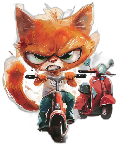 Grumpy orange cat with green eyes, wearing a white t-shirt and jeans riding on a red vespa scooter, with an angry face, vector illustration in the style of Pixar, in the Disney style, on a black background, as a full body portrait, as a t-shirt design graphic.