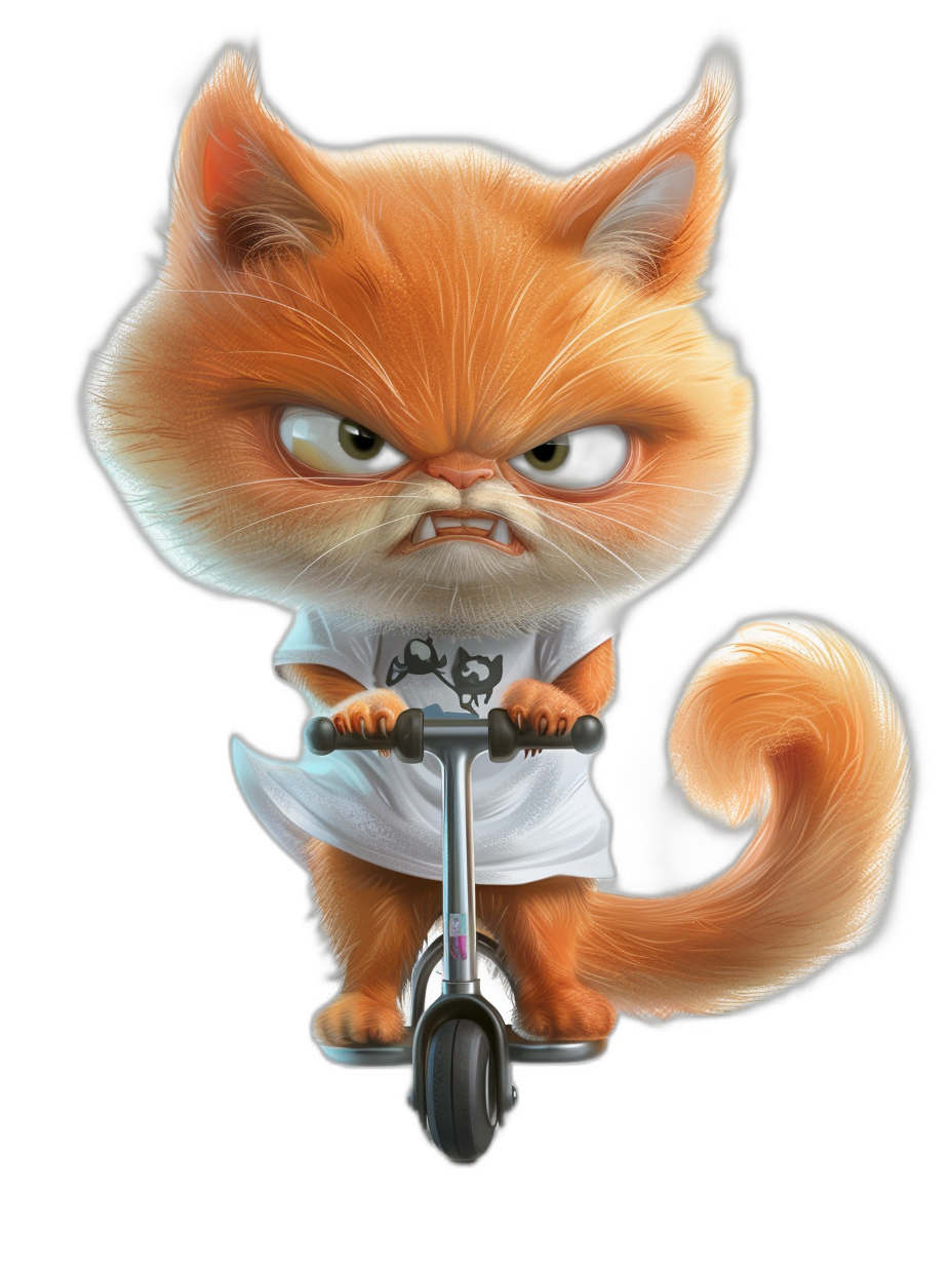 grumpy orange cat cartoon character wearing a white t-shirt and riding a scooter, black background, detailed, octane render in the style of octane