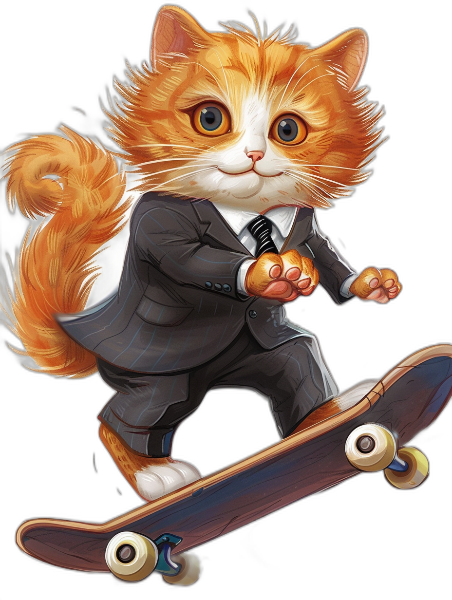 A cute orange cat in a suit is riding on a skateboard, with a black background and in a cartoon style. The character has an adorable expression and large eyes. It is holding the skateboard in the style of its paws, wearing shoes, and standing upright to showcase cool poses. This artwork presents high-definition details of cats. The lines of the character were drawn with digital painting techniques, giving it a strong three-dimensional feel.