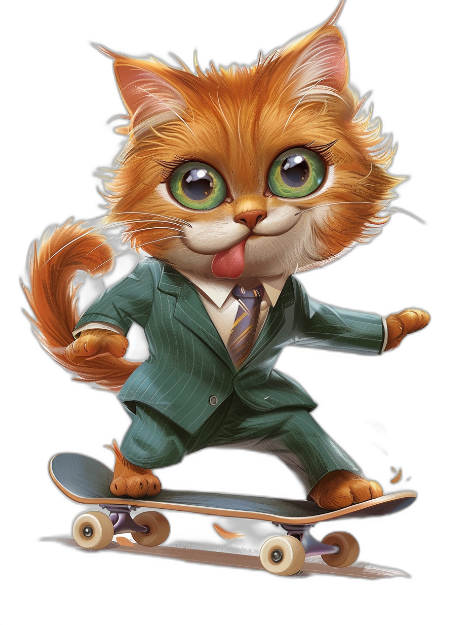 A cute ginger cat in suit and tie riding on skateboard, green eyes, cartoon style, vector illustration, black background, detailed, high resolution, professional photograph, HDR, sharp focus, studio lighting, natural light, 3D rendering, high detail, hyperrealistic, intricate details, super realistic