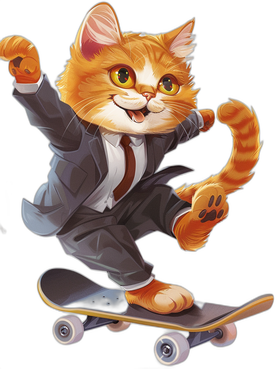 A happy cute orange cat in a suit and tie, doing skateboarding on a black background, in the style of Kienan Lafferty, flat design, digital painting, cartoony style, high resolution, high quality, high detail, high sharpness.