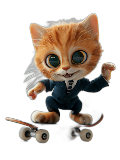 Cute cartoon cat in suit riding on skateboard, black background, hyper realistic, octane render, 3D character, cute and dreamy, expressive eyes, cute tail
