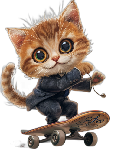 t-shirt design, cute and happy baby cat in a business suit riding on a skateboard, full body shot with big eyes, isolated on a black background, detailed illustration in the style of [Alex Toth](https://goo.gl/search?artist%20Alex%20Toth) and in the style of j.c leyendecker and in the style of [Artgerm](https://goo.gl/search?artist%20Artgerm), cinematic lighting