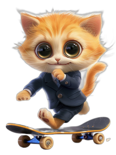 A cute golden gradient kitten wearing a blue suit is riding a skateboard, with big eyes, against a black background, in the chibi style, as a 3D cartoon character design. The kitten has a cute and lively cat face with an anthropomorphic expression of a happy smile. The skateboard has four wheels and makes for a high definition wallpaper, in the style of a 3D cartoon.