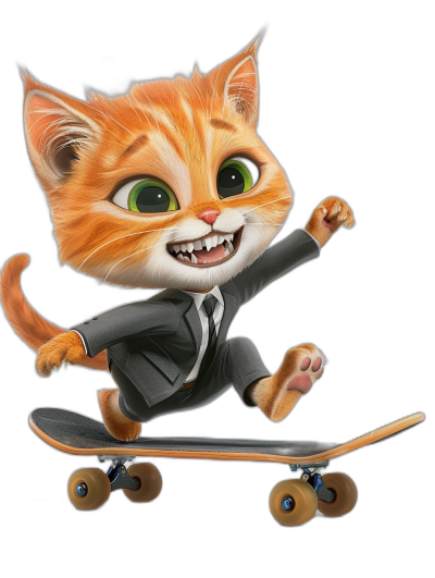 Cute cartoon cat in a suit riding on a skateboard, green eyes, smiling and happy expression, orange fur color with a black background, 3D rendering, in the style of Pixar, in the style of Disney animation, 2d game art, cartoon character design, in the style of Disney illustration, high resolution, high detail, high quality, high definition, high sharpness, high focus, high contrast, high clarity, full body shot