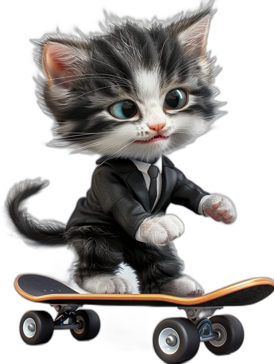 Cute kitten cartoon character in suit riding on skateboard, black background, detailed, high resolution, professional photograph, very sharp focus, studio lighting, HDR