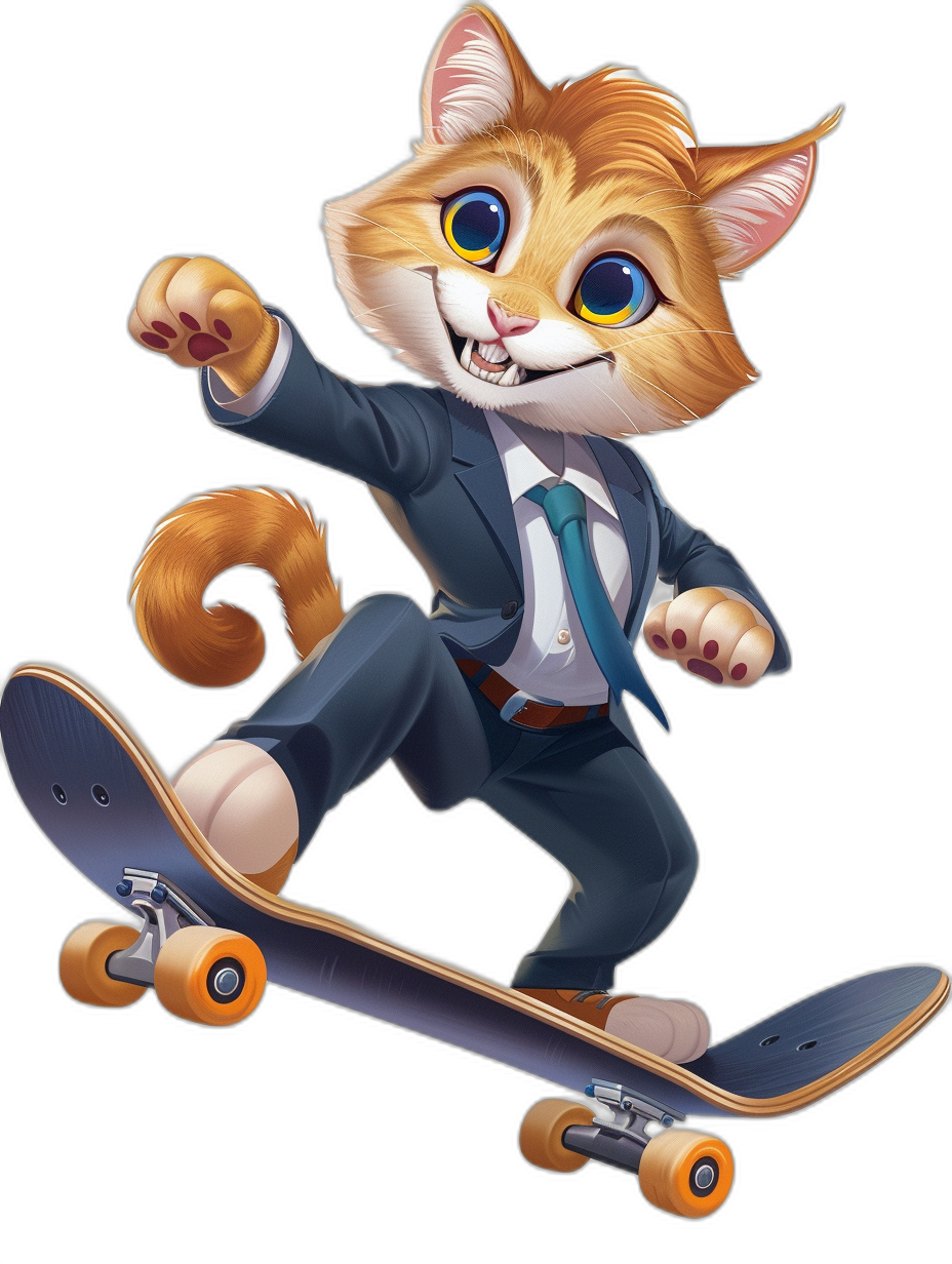 A cute cartoon cat in a business suit and tie, doing skateboarding, blue eyes, full body, black background, in the style of League of Legends splash art.