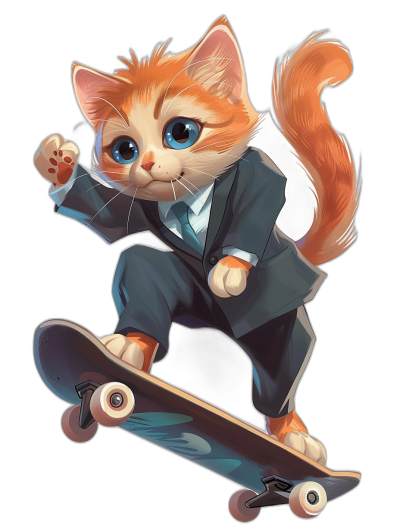 Cute cartoon cat in a suit and tie riding a skateboard, vector illustration on a black background without a shadow on the ground, high resolution, high quality, high detail digital art with high contrast and high dynamic range with professional color grading and sharp focus showing the full body portrait of the cat with blue eyes, red fur, an orange tail and white chest hair without shadows wearing a black outfit skateboarding in the style of a professional artist.