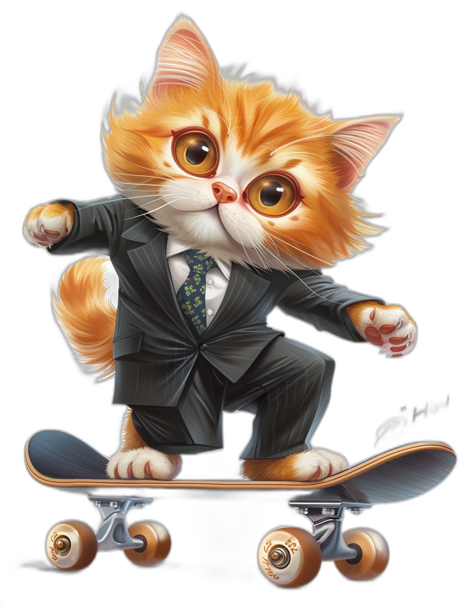 A cute ginger cat in a suit and tie riding on a skateboard, vector illustration in the style of [Alexander Jansson](https://goo.gl/search?artist%20Alexander%20Jansson), black background.