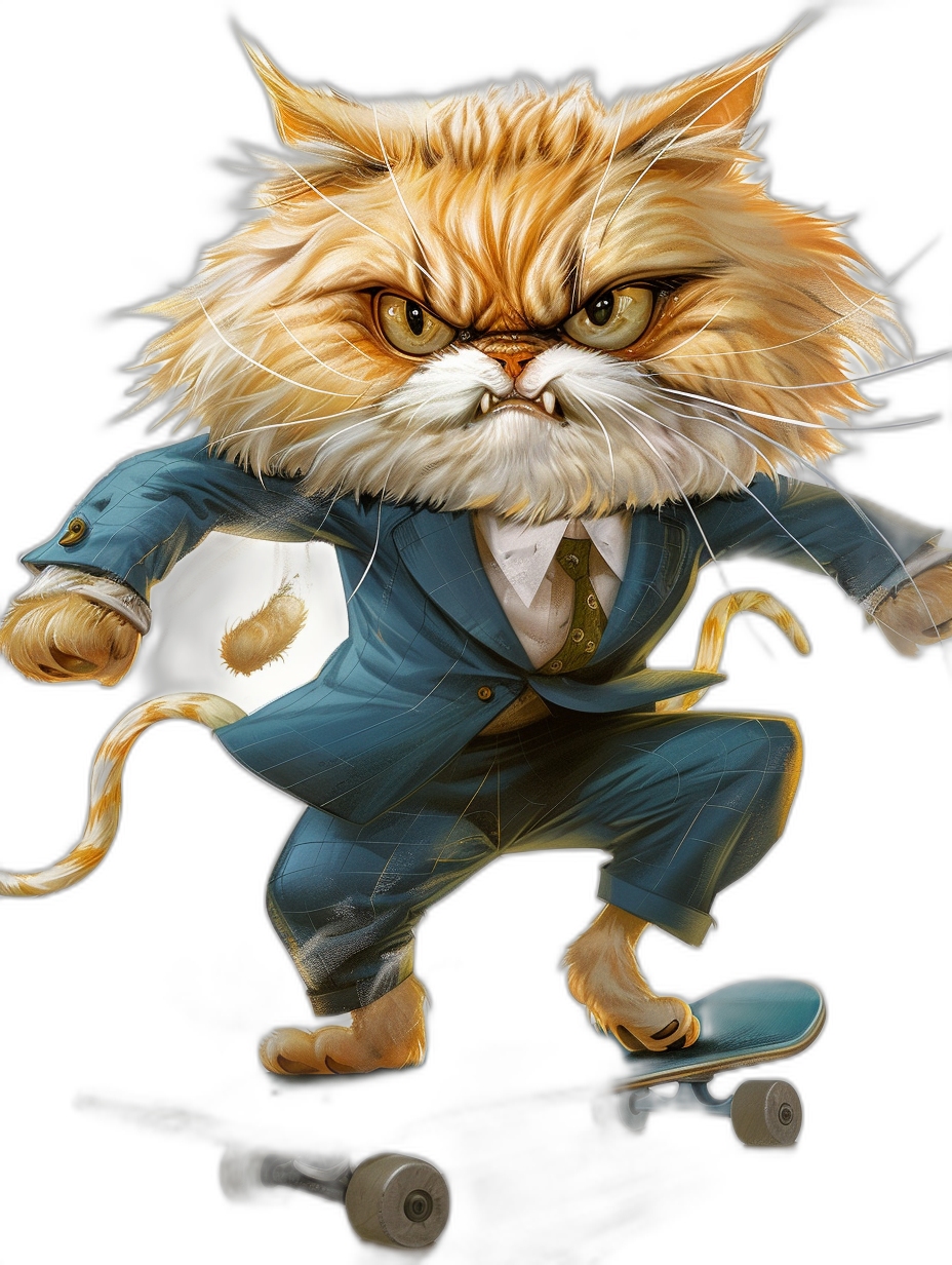 A Persian cat in a blue suit, riding on a skateboard with an angry expression, in the style of [Tiago Hoisel](https://goo.gl/search?artist%20Tiago%20Hoisel), in a caricature-like style, playful caricatures all wearing a white shirt and tie with a black background.