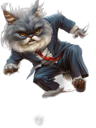 A Persian cat dressed in the style of [Studio Ghibli](https://goo.gl/search?artist%20Studio%20Ghibli), jumping pose, white fur with grey face and brown eyes, blue suit with red tie, black background, concept art cartoon rendering in the style of Pixar and Disney, full body, 2D game art.