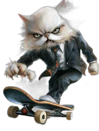 A white cat in a suit, with an angry face riding on a skateboard in the style of [Tiago Hoisel](https://goo.gl/search?artist%20Tiago%20Hoisel), in a caricature-like, playful style, with hyper-realistic illustrations on a black background.