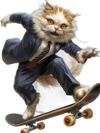 a cat in business suit and tie, doing skateboard, by [Tiago Hoisel](https://goo.gl/search?artist%20Tiago%20Hoisel), caricature-like, playful caricatures isolated on black background, hyper realistic illustration of highly detailed, high resolution digital artwork with smooth sharp focus