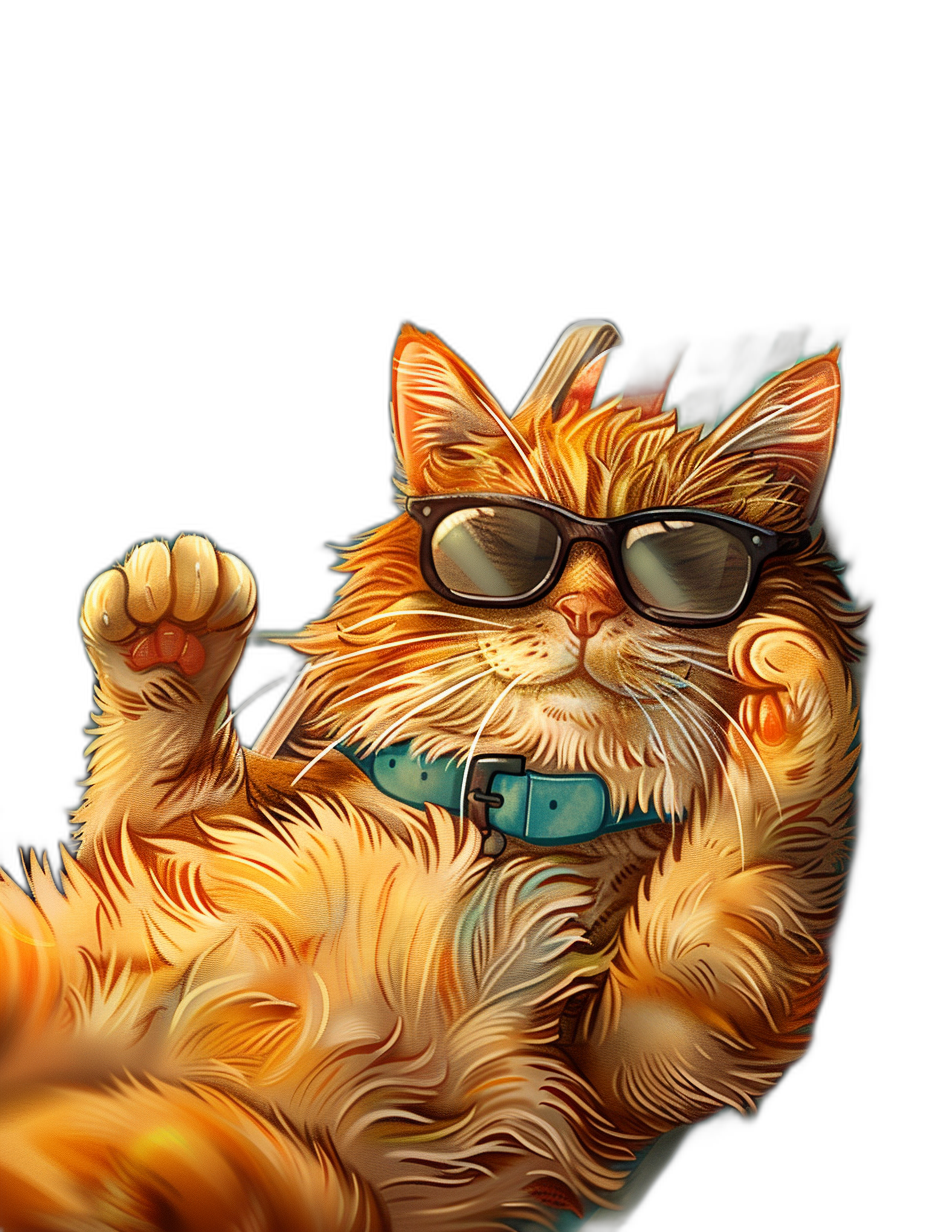 digital art of a cool fat orange cat, wearing sunglasses, doing a selfie with its hand up in the air, black background, chill vibe, in the style of a digital painting