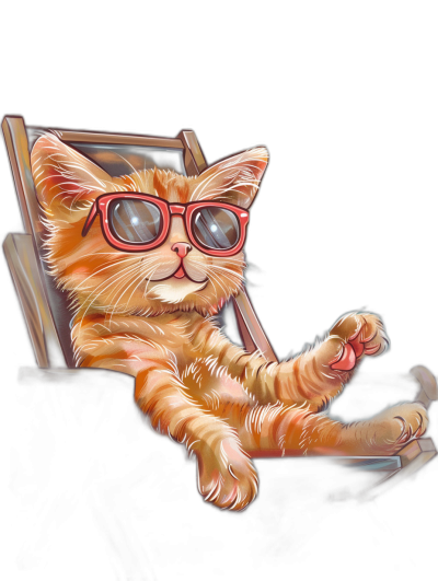 digital art of cute and fat orange cat , wearing red glasses, sitting on the deck chair with black background , chilling happy and funny