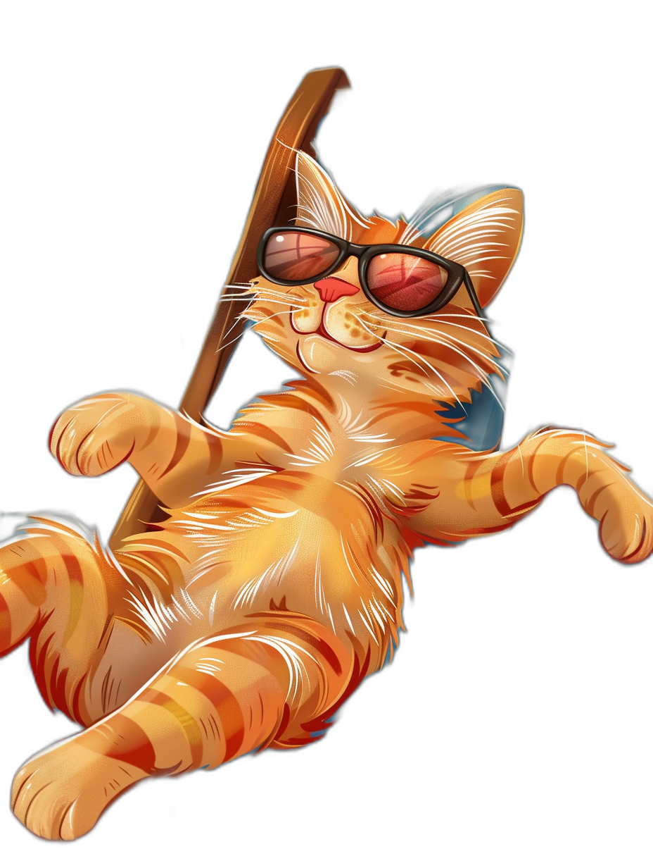 Illustration of a cartoon orange cat wearing sunglasses, lying on his back holding a hockey stick in the air with two paws against a black background, in the style of digital art.