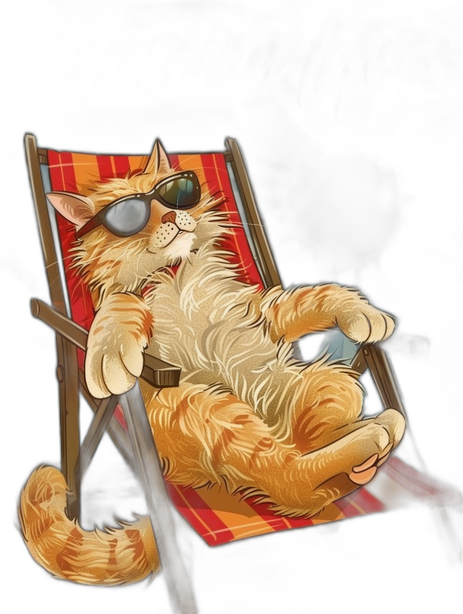 A long-haired orange cat wearing sunglasses lounging in a beach chair, vector design, black background, in the style of a t-shirt graphic, high contrast, detailed illustration, highly detailed, high resolution.