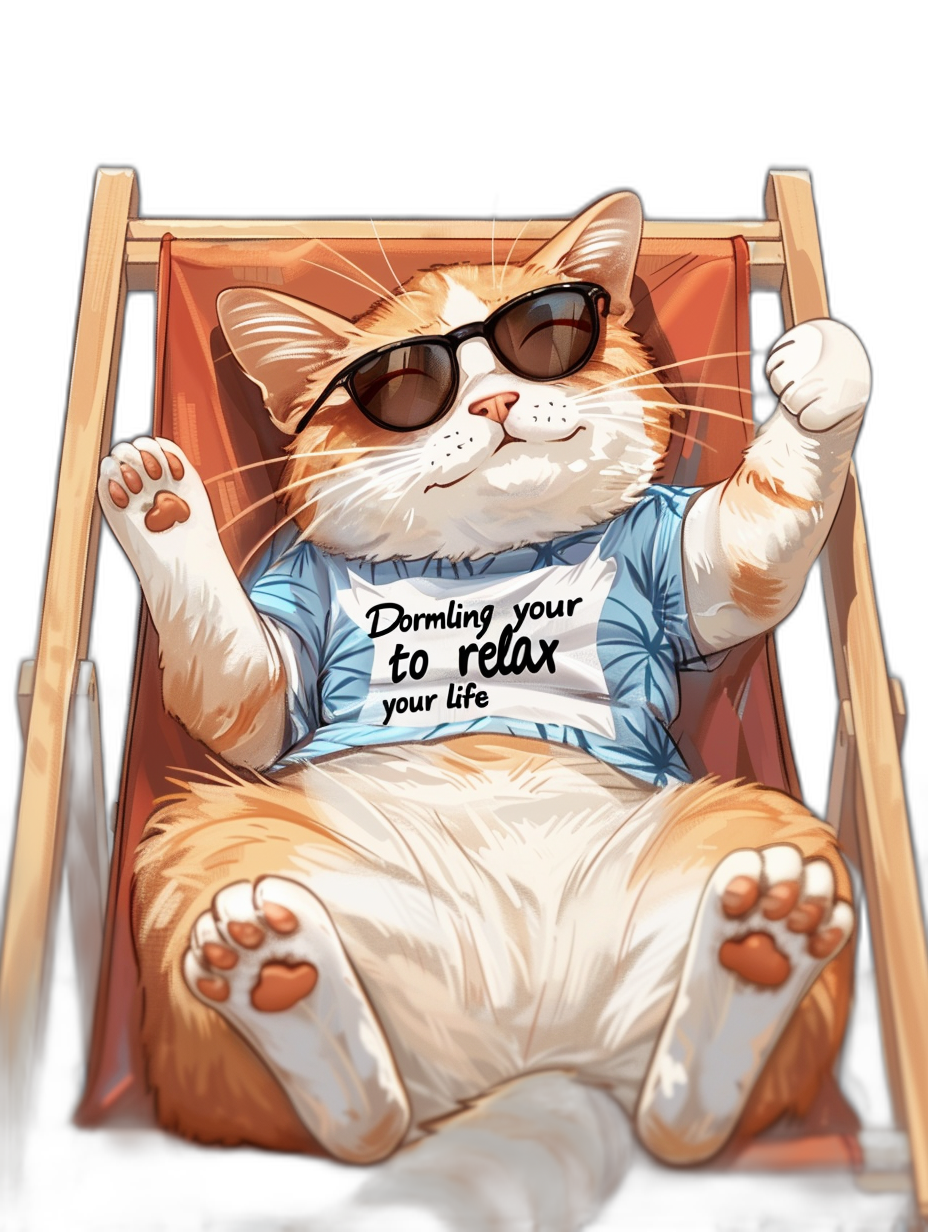 A cute fat orange and white cat is lying on a deck chair wearing sunglasses and a t-shirt with “dominating your life to relax”, against a simple background. The digital art is in the style of an illustration painting with a black background.