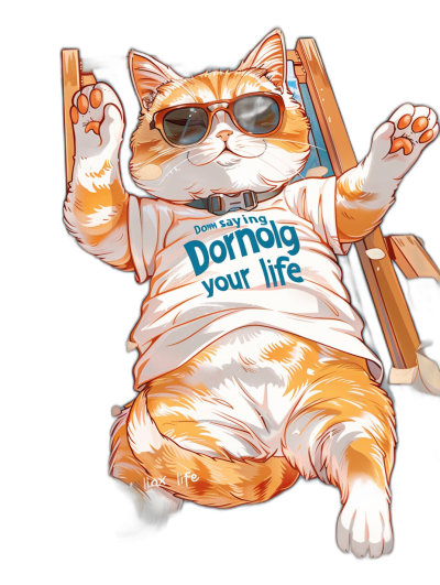 A fat orange and white cat wearing sunglasses, sitting on the deck of an airship with its legs crossed over each other in front of it. The words 'Dormyol your life' appear on its t-shirt. The t-shirt design is a vector illustration digital art style, showing the full body of the cat against a white background, in the style of Tshirt.