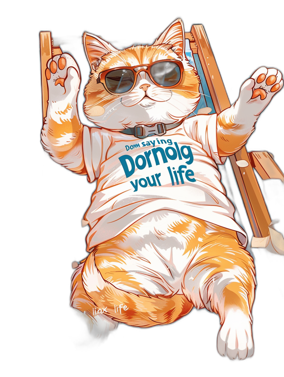 A fat orange and white cat wearing sunglasses, sitting on the deck of an airship with its legs crossed over each other in front of it. The words ‘Dormyol your life’ appear on its t-shirt. The t-shirt design is a vector illustration digital art style, showing the full body of the cat against a white background, in the style of Tshirt.