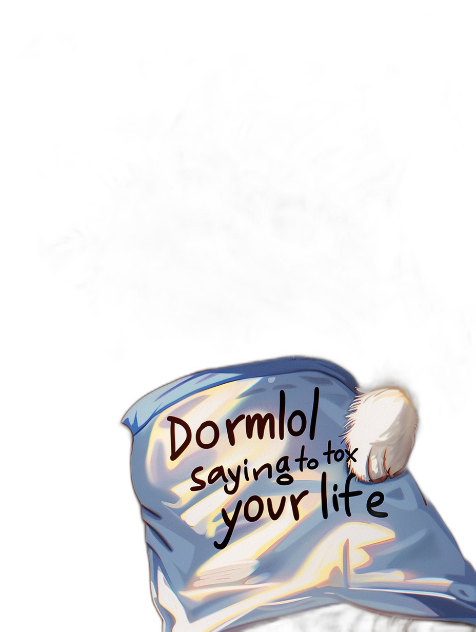 A simple cartoon of an open blue blanket with the words “Dormolo saying to your life” written on it, against a black background, in the comic style, in the style of anime, digital art