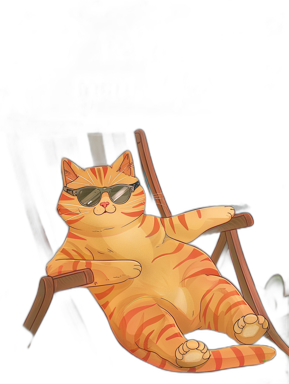 digital art of a cool fat orange cat, wearing sunglasses, lying on a deck chair with a black background, minimalist, cute and funny in the style of minimalism.