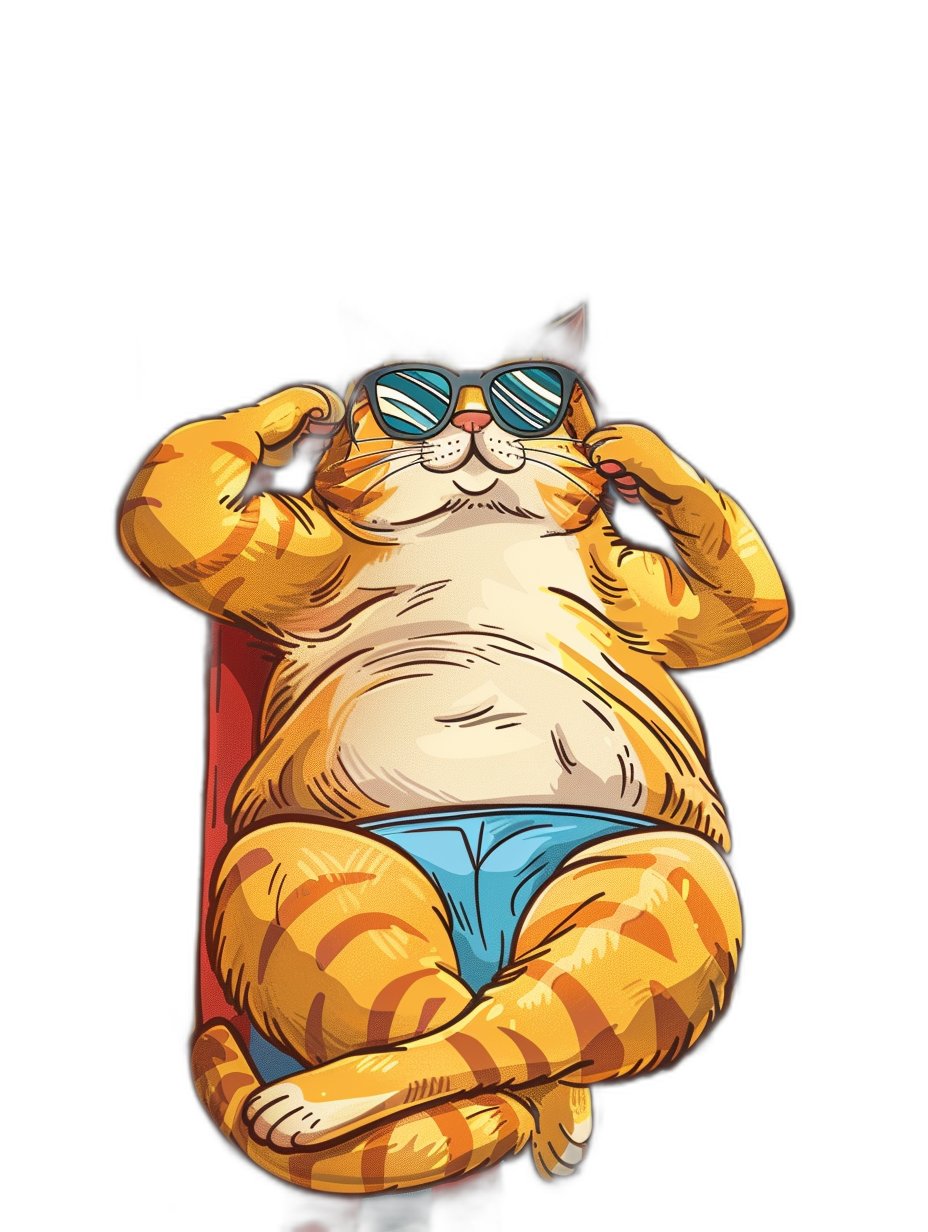 t-shirt design, fat orange cat with blue sunglasses lying on his back in the chair and relaxing , black background, vector art style, detailed character illustrations, full body shot