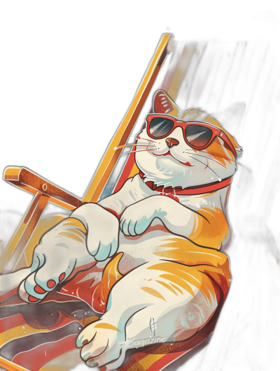 A cat wearing sunglasses lounging in the back seat of an open air convertible, in the style of comic illustrations, vector illustration for "the kitten magazine", with a black background and a white and red color scheme, high resolution image with bright colors, clear lines, and simple shapes giving a retro feel.