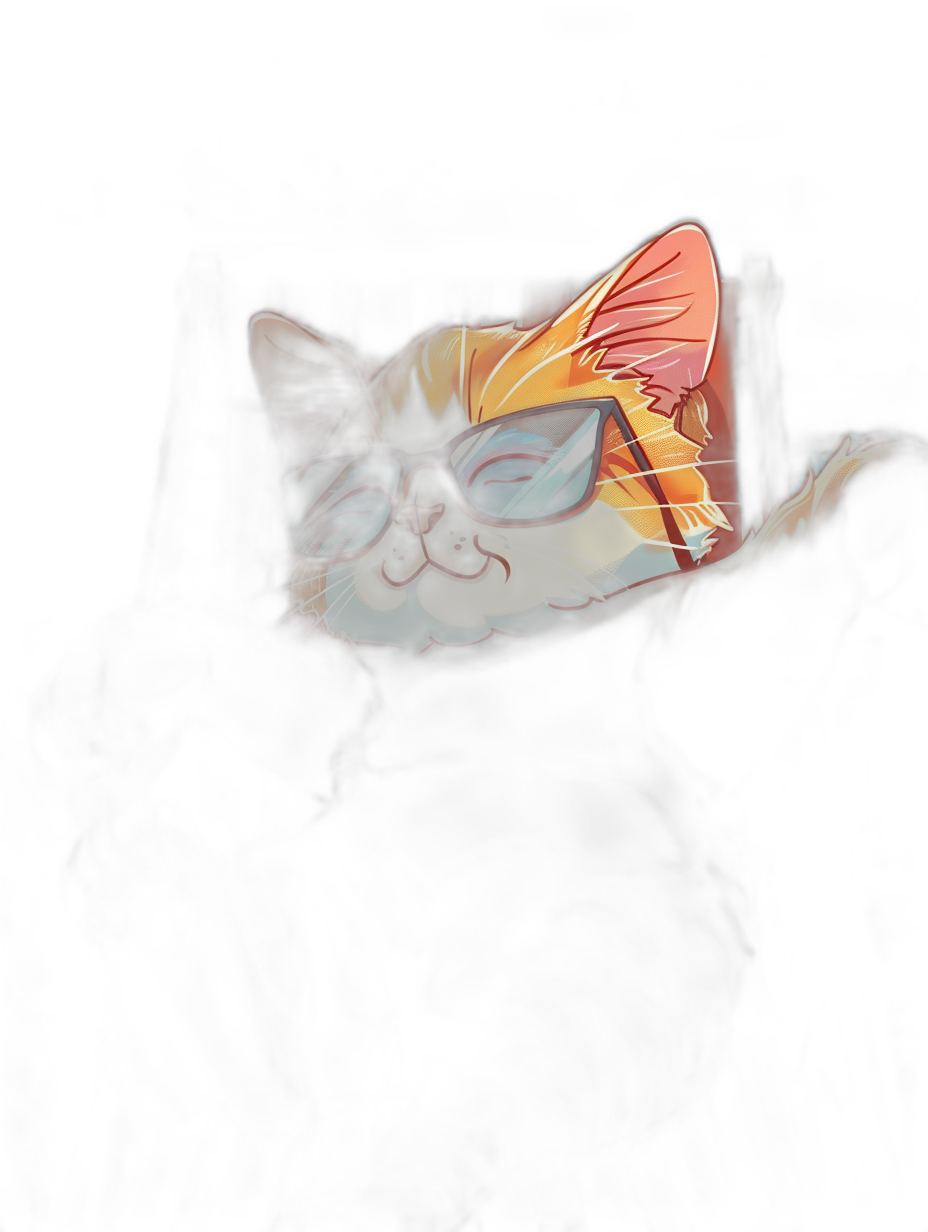 A cute cat wearing sunglasses is seen through the screen of an iPhone, the light from it illuminating only its face against a black background in the style of cartoon, colorful, with a low angle shot and close up. It is digital art.