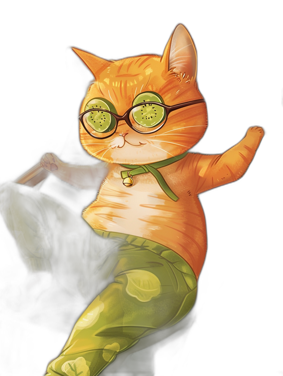 A cartoon orange cat with green eyes and glasses doing yoga, wearing cute  on a black background in the style of [Kawacy](https://goo.gl/search?artist%20Kawacy). A simple line, flat illustrated full body portrait of the furry character in the style of Pixar Disney with high detail and resolution as a 2D game art style digital image with furry character design and full shot in an octane rendered style with high details.