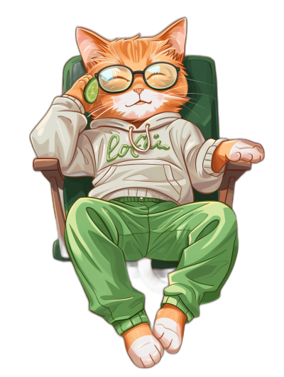 A cartoon illustration of an orange cat with glasses and white shirt, sitting in green pants on the chair wearing oversized t-shirt " hưởng tr scientific", black background, vector art for print on tees, vector artwork