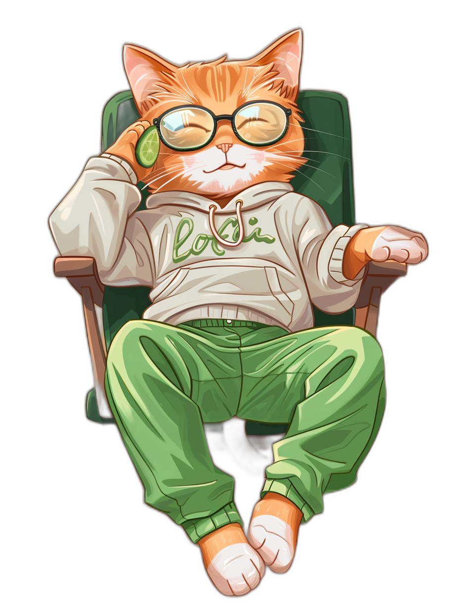 A cartoon illustration of an orange cat with glasses and white shirt, sitting in green pants on the chair wearing oversized t-shirt ” hưởng tr scientific”, black background, vector art for print on tees, vector artwork