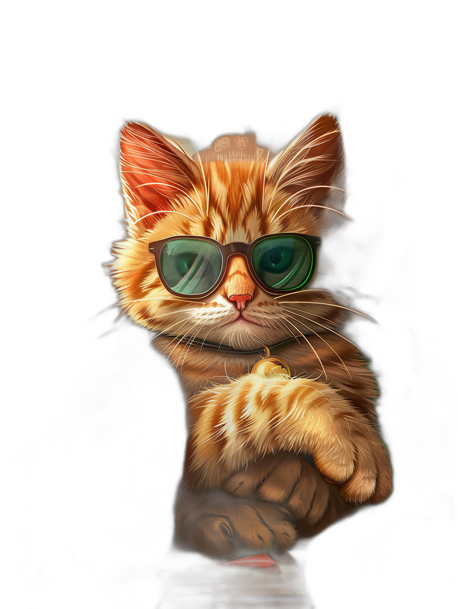 digital art of cool and fat orange cat , wearing sunglasses with green lens, holding his paw up for hugging, black background , chill expression , cute and funny