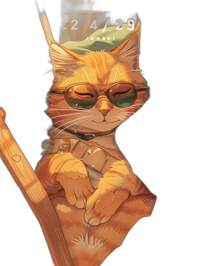 The cute orange cat is wearing sunglasses and sitting on a wooden stick, with its eyes closed and smiling happily. The background of its phone screen shows "2049" in a digital font. It has an illustration in the style of anime, with a black solid color scheme and a dark background.