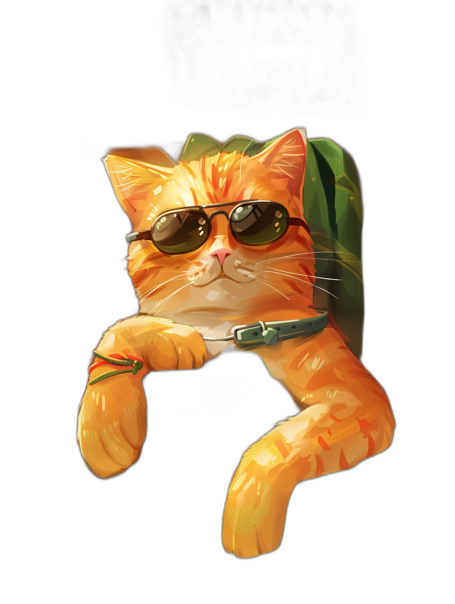 digital art of a cool fat orange cat, wearing sunglasses and a green leather jacket with a backpack against a black background, with a chill smile and looking cute. In the style of an artist.